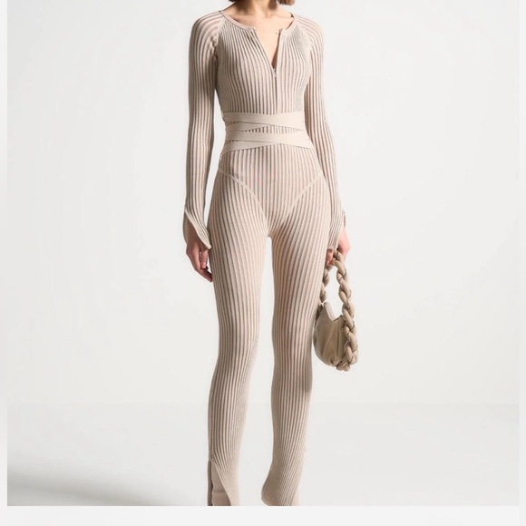 Maniere De Voir Pants - Knitted Two Tone Jumpsuit with Belt